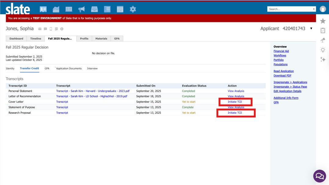 Intiate Transcript Credit Evaluation